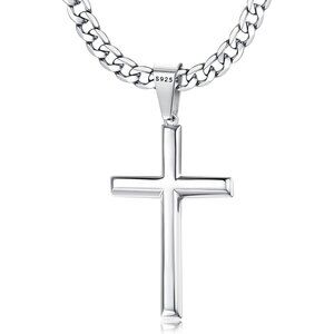 💫 Men Silver Diamond Cross Necklace Sterling Stainless Steel Curb Chain Jewelry